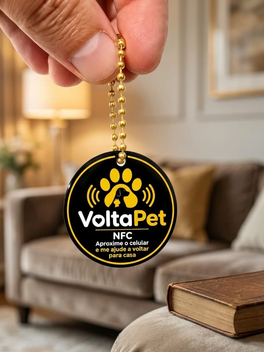 Medalha VoltaPet NFC com a frase: aproxime o celular e me ajude a voltar para casa